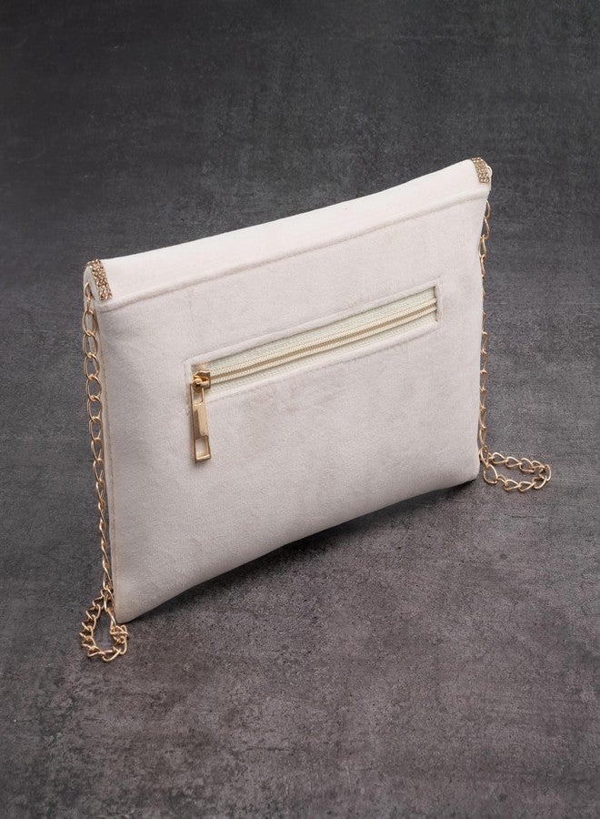 AVIRATH ENTERPRISE White Velvet Envelope Clutch Purse with Rhinestone Trim and Chain Strap, Crossbody Evening Bag for Women - Image 4